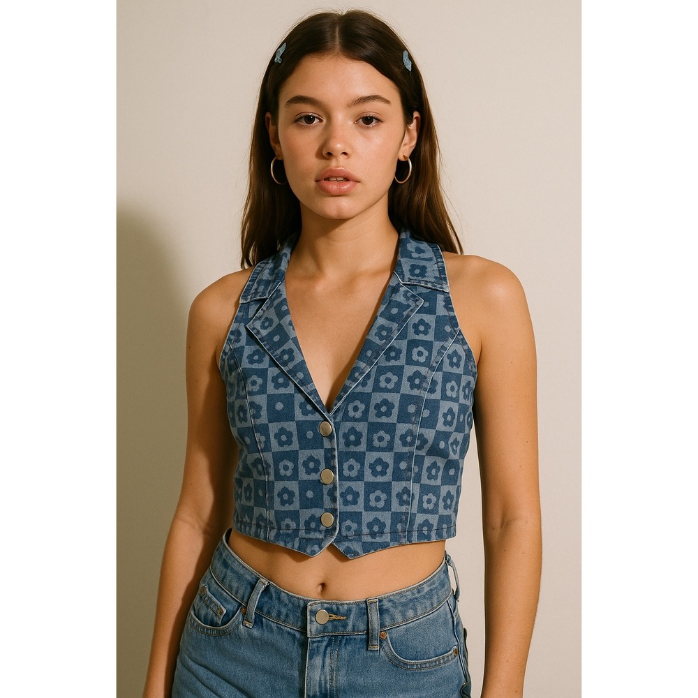 H&M Divided Floral Denim Vest‎ XS Checkerboard Flower Print Y2K Cropped Top